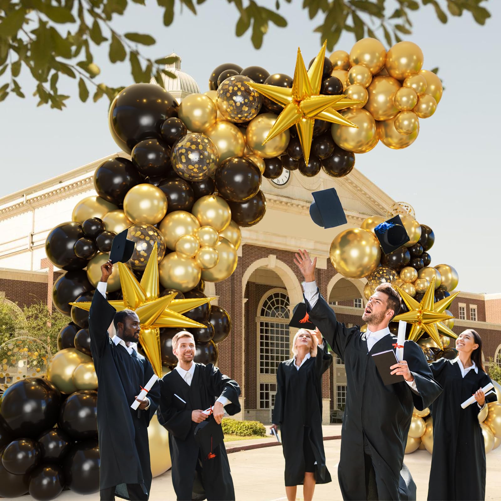 161pc Black and Gold Balloon Garland Arch Kit with Explosion Star Balloons for Anniversary Birthday Graduation Party Decor
