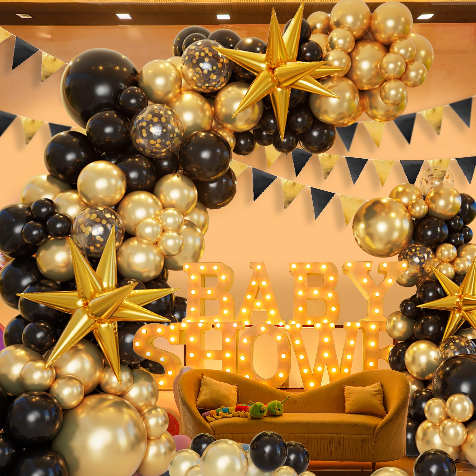 161pc Black and Gold Balloon Garland Arch Kit with Explosion Star Balloons for Anniversary Birthday Graduation Party Decor