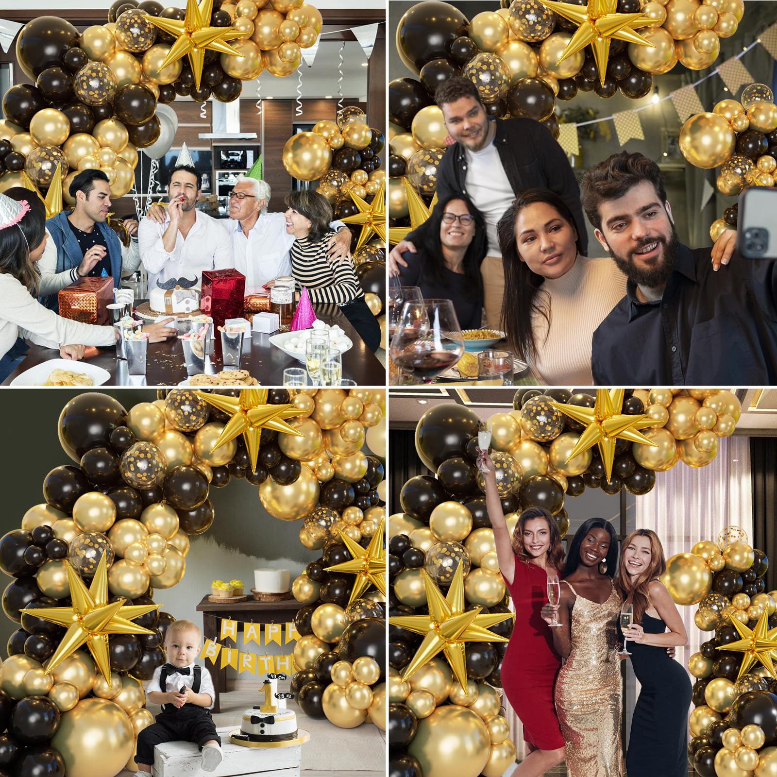 161pc Black and Gold Balloon Garland Arch Kit with Explosion Star Balloons for Anniversary Birthday Graduation Party Decor