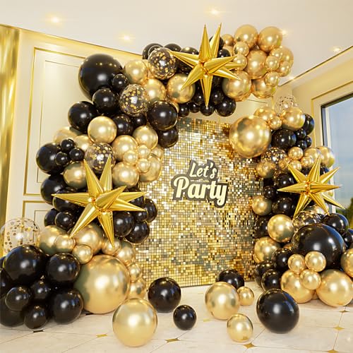 161pc Black and Gold Balloon Garland Arch Kit with Explosion Star Balloons for Anniversary Birthday Graduation Party Decor