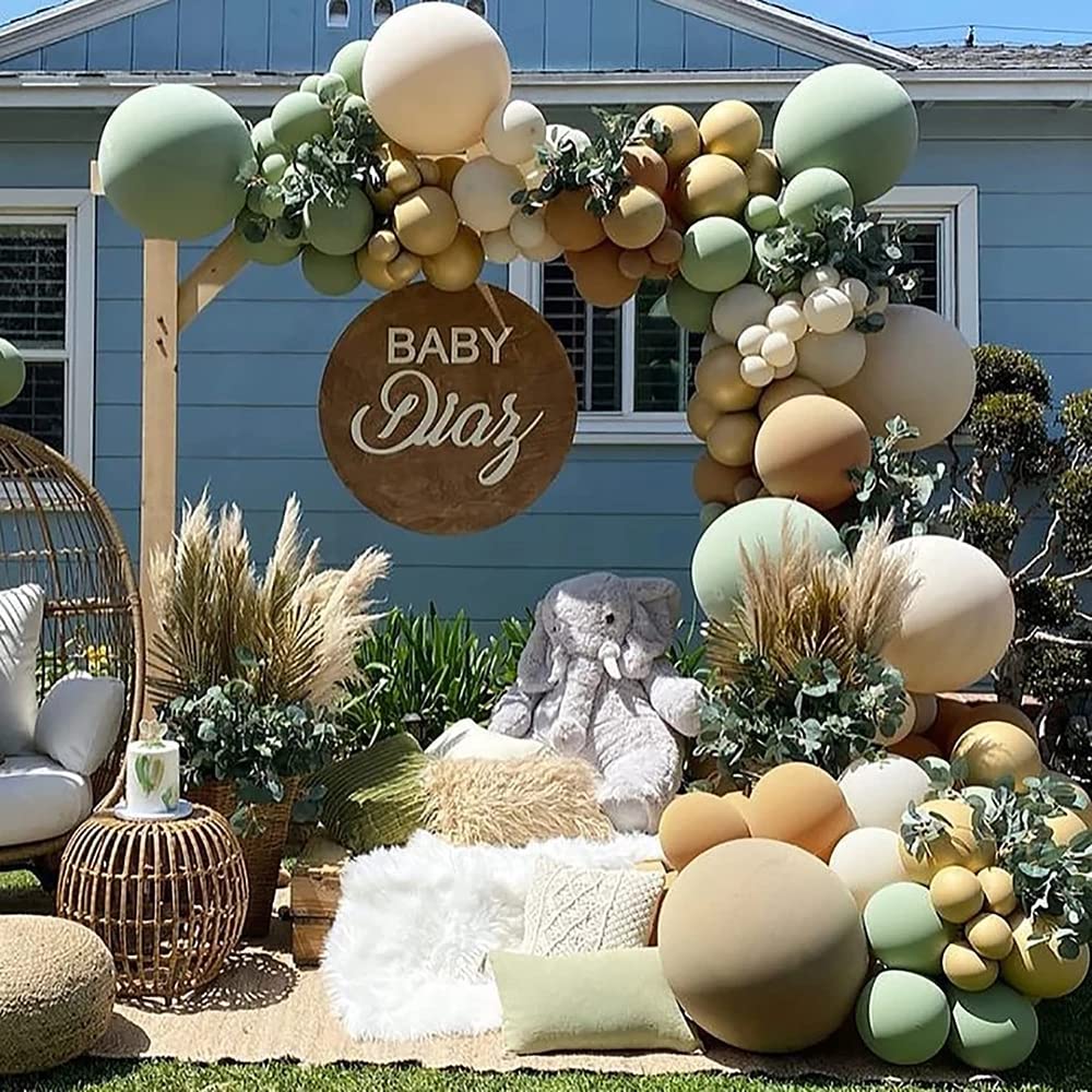 163 Pcs Sage Green Balloon Garland Kit – Natural Latex Jungle Safari Woodland Party Decorations for Baby Shower, Wild One Birthday