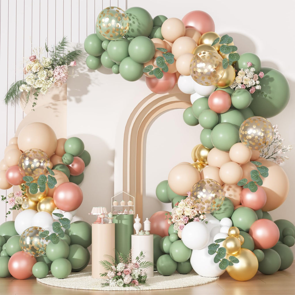166-Piece Sage Green & Pastel Orange Balloon Garland Arch Kit – Eucalyptus, Gold Confetti, and More for Tropical Safari Wedding Baby Shower