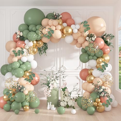 166-Piece Sage Green & Pastel Orange Balloon Garland Arch Kit – Eucalyptus, Gold Confetti, and More for Tropical Safari Wedding Baby Shower