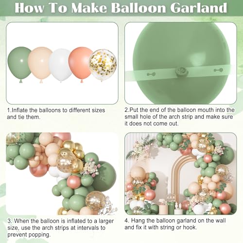 166-Piece Sage Green & Pastel Orange Balloon Garland Arch Kit – Eucalyptus, Gold Confetti, and More for Tropical Safari Wedding Baby Shower