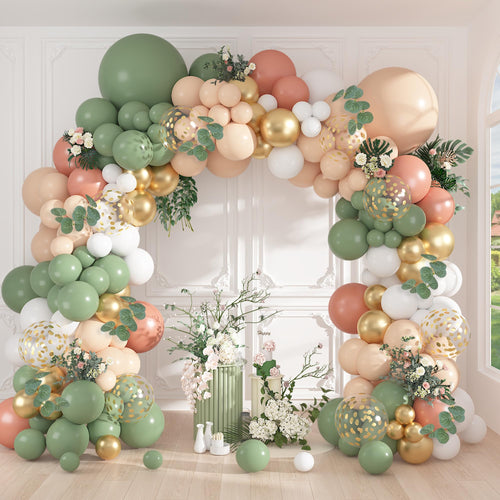 166-Piece Sage Green & Pastel Orange Balloon Garland Arch Kit – Eucalyptus, Gold Confetti, and More for Tropical Safari Wedding Baby Shower