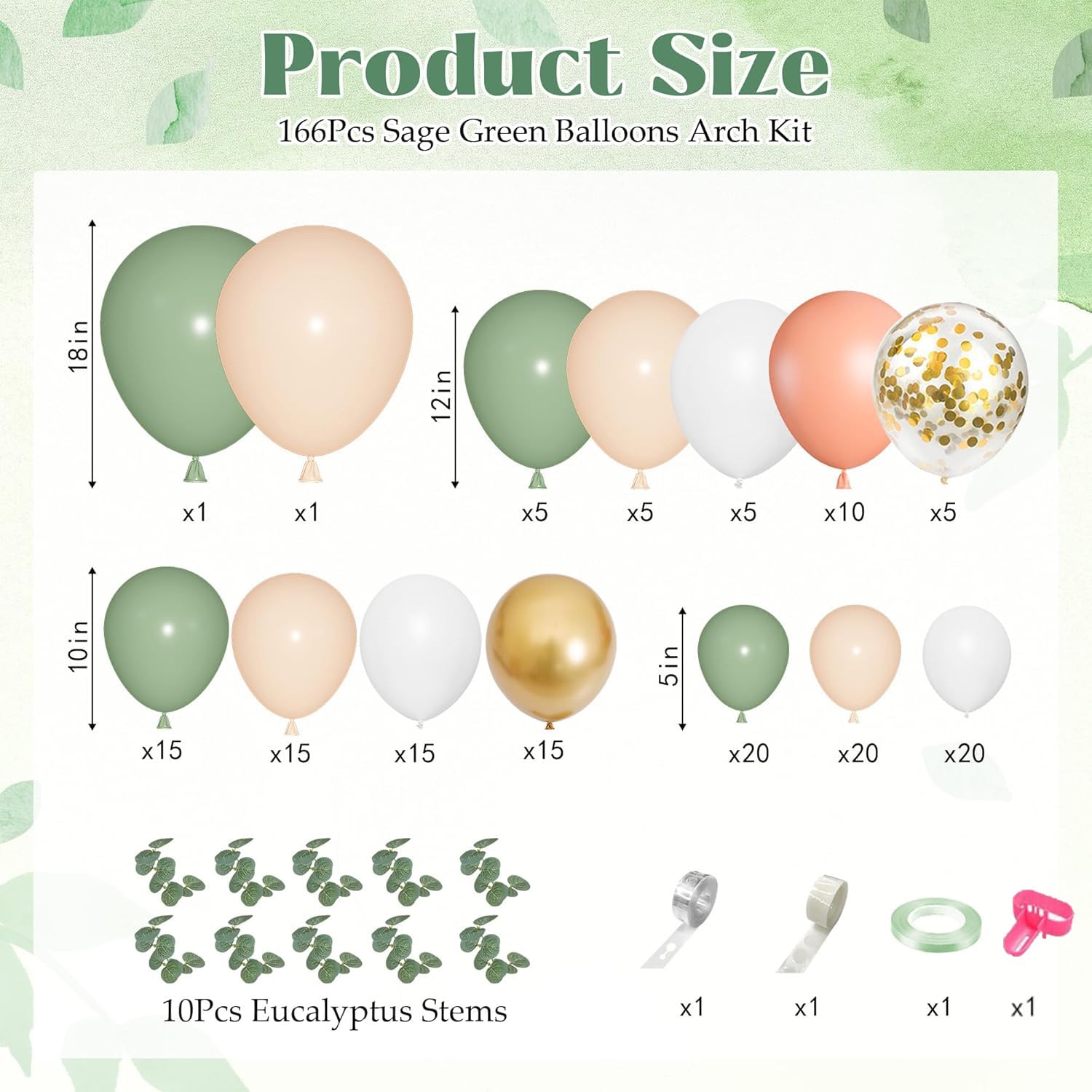 166-Piece Sage Green & Pastel Orange Balloon Garland Arch Kit – Eucalyptus, Gold Confetti, and More for Tropical Safari Wedding Baby Shower