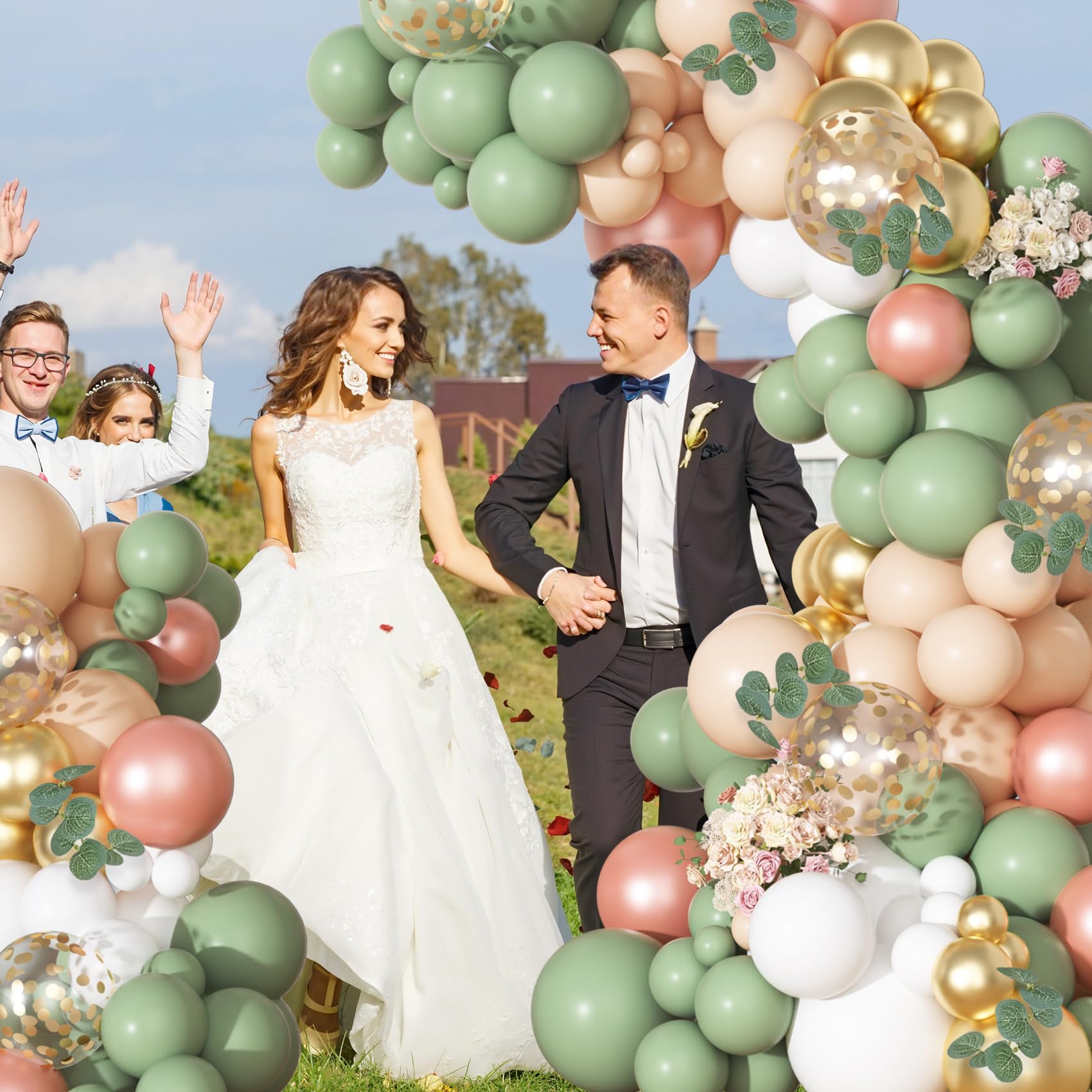 166-Piece Sage Green & Pastel Orange Balloon Garland Arch Kit – Eucalyptus, Gold Confetti, and More for Tropical Safari Wedding Baby Shower