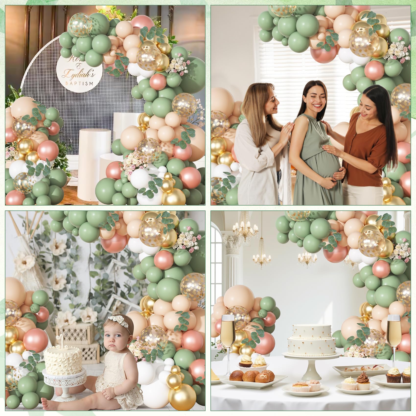 166-Piece Sage Green & Pastel Orange Balloon Garland Arch Kit – Eucalyptus, Gold Confetti, and More for Tropical Safari Wedding Baby Shower