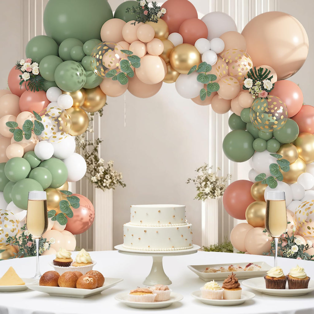 166-Piece Sage Green & Pastel Orange Balloon Garland Arch Kit – Eucalyptus, Gold Confetti, and More for Tropical Safari Wedding Baby Shower