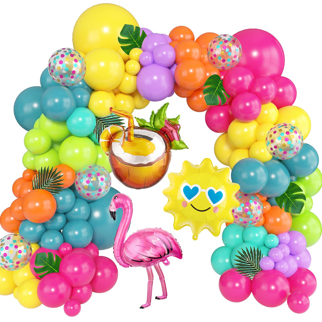 168-Piece Tropical Balloon Arch Garland Kit – Rainbow Neon & Foil Balloons for Luau, Birthday & Beach Party Decorations