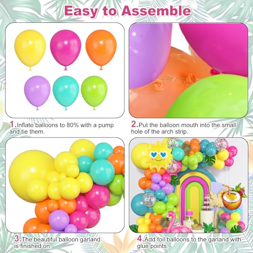 168-Piece Tropical Balloon Arch Garland Kit – Rainbow Neon & Foil Balloons for Luau, Birthday & Beach Party Decorations