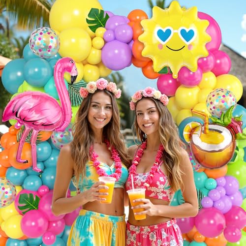 168-Piece Tropical Balloon Arch Garland Kit – Rainbow Neon & Foil Balloons for Luau, Birthday & Beach Party Decorations