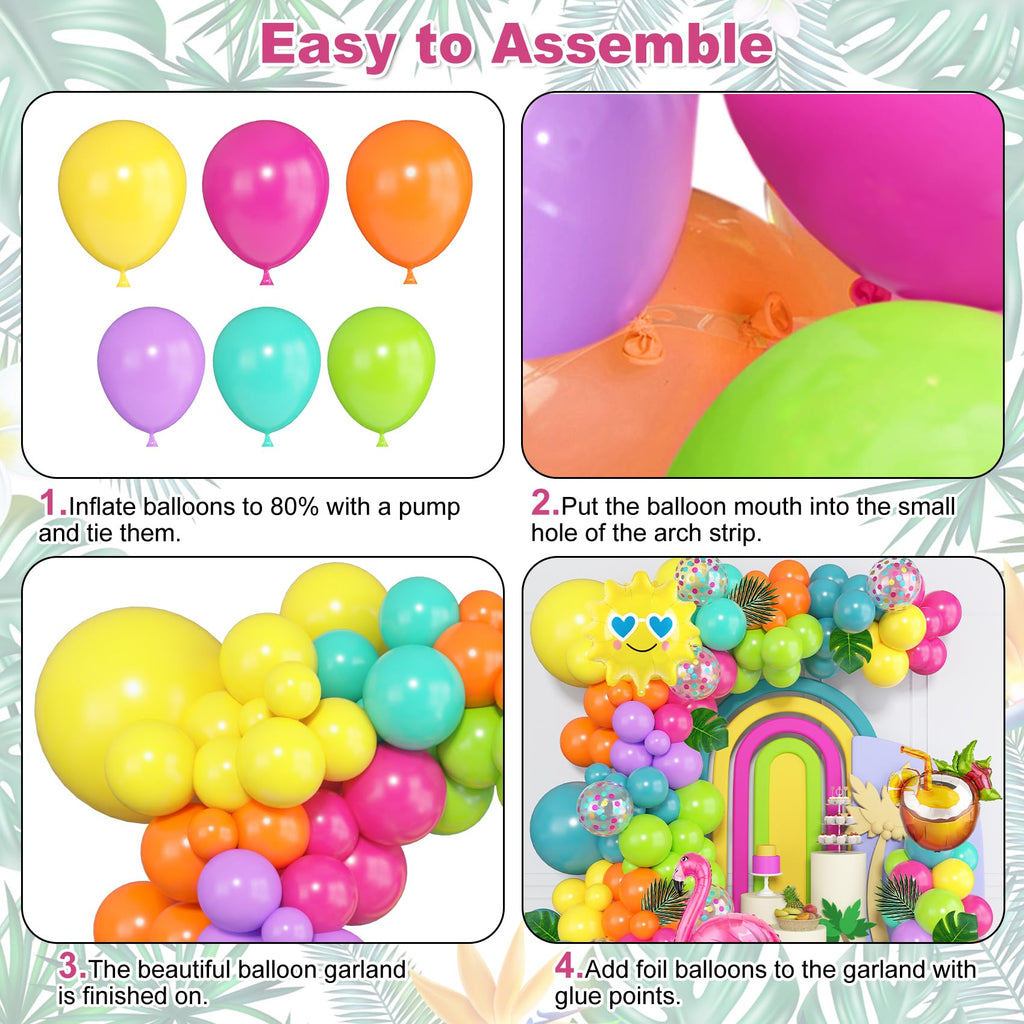 168-Piece Tropical Balloon Arch Garland Kit – Rainbow Neon & Foil Balloons for Luau, Birthday & Beach Party Decorations