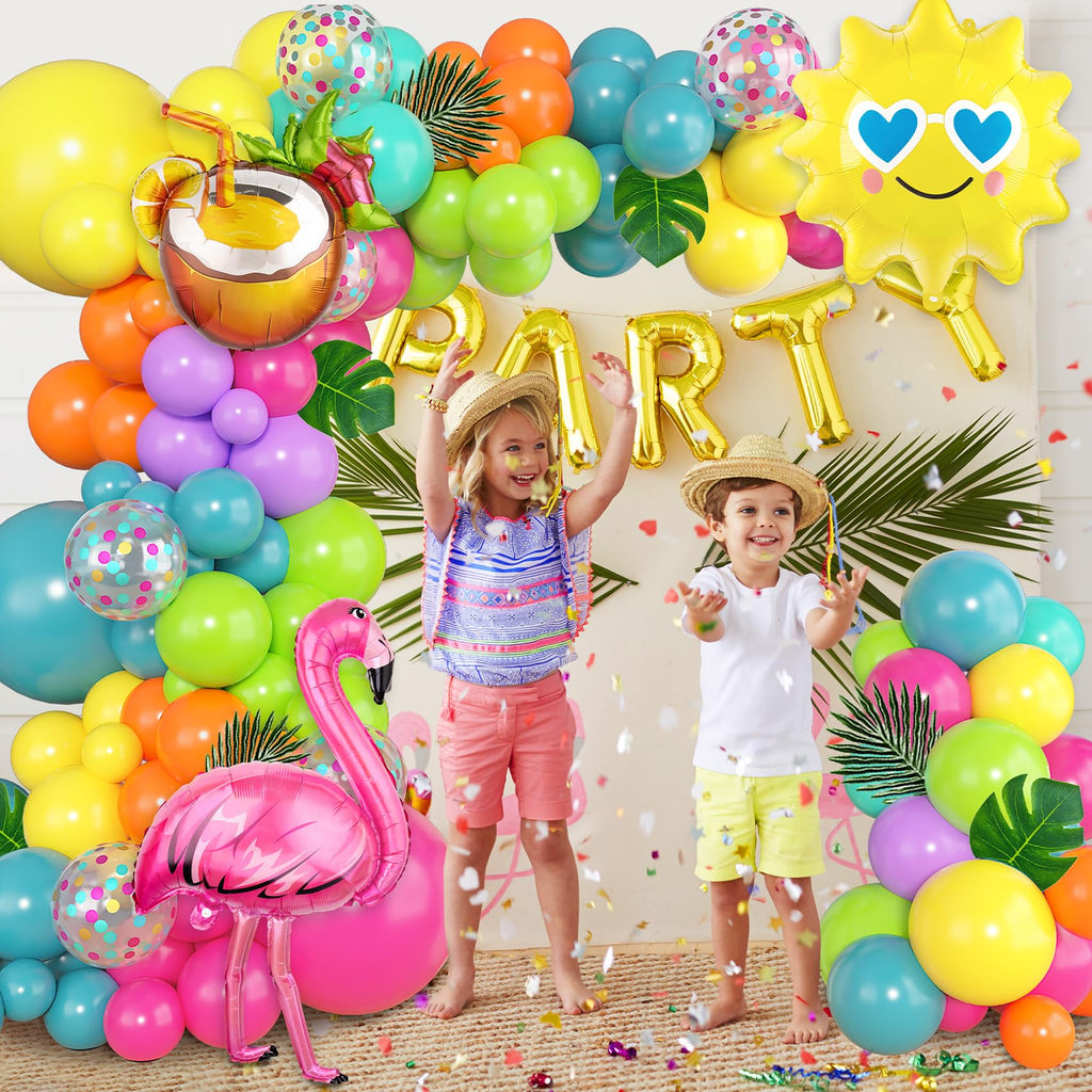 168-Piece Tropical Balloon Arch Garland Kit – Rainbow Neon & Foil Balloons for Luau, Birthday & Beach Party Decorations