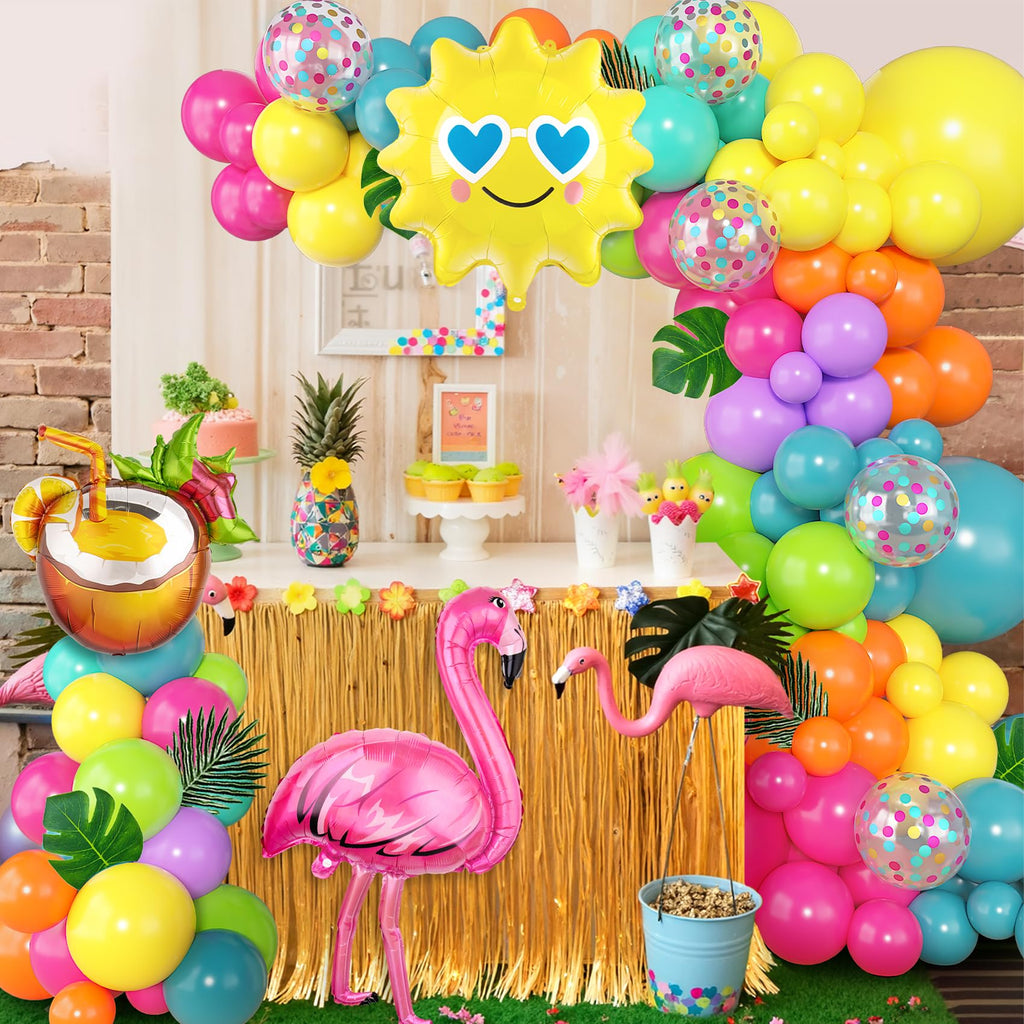 168-Piece Tropical Balloon Arch Garland Kit – Rainbow Neon & Foil Balloons for Luau, Birthday & Beach Party Decorations