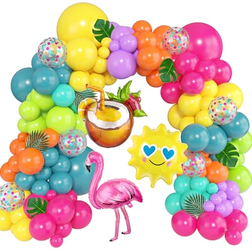 168-Piece Tropical Balloon Arch Garland Kit – Rainbow Neon & Foil Balloons for Luau, Birthday & Beach Party Decorations