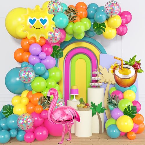 168-Piece Tropical Balloon Arch Garland Kit – Rainbow Neon & Foil Balloons for Luau, Birthday & Beach Party Decorations