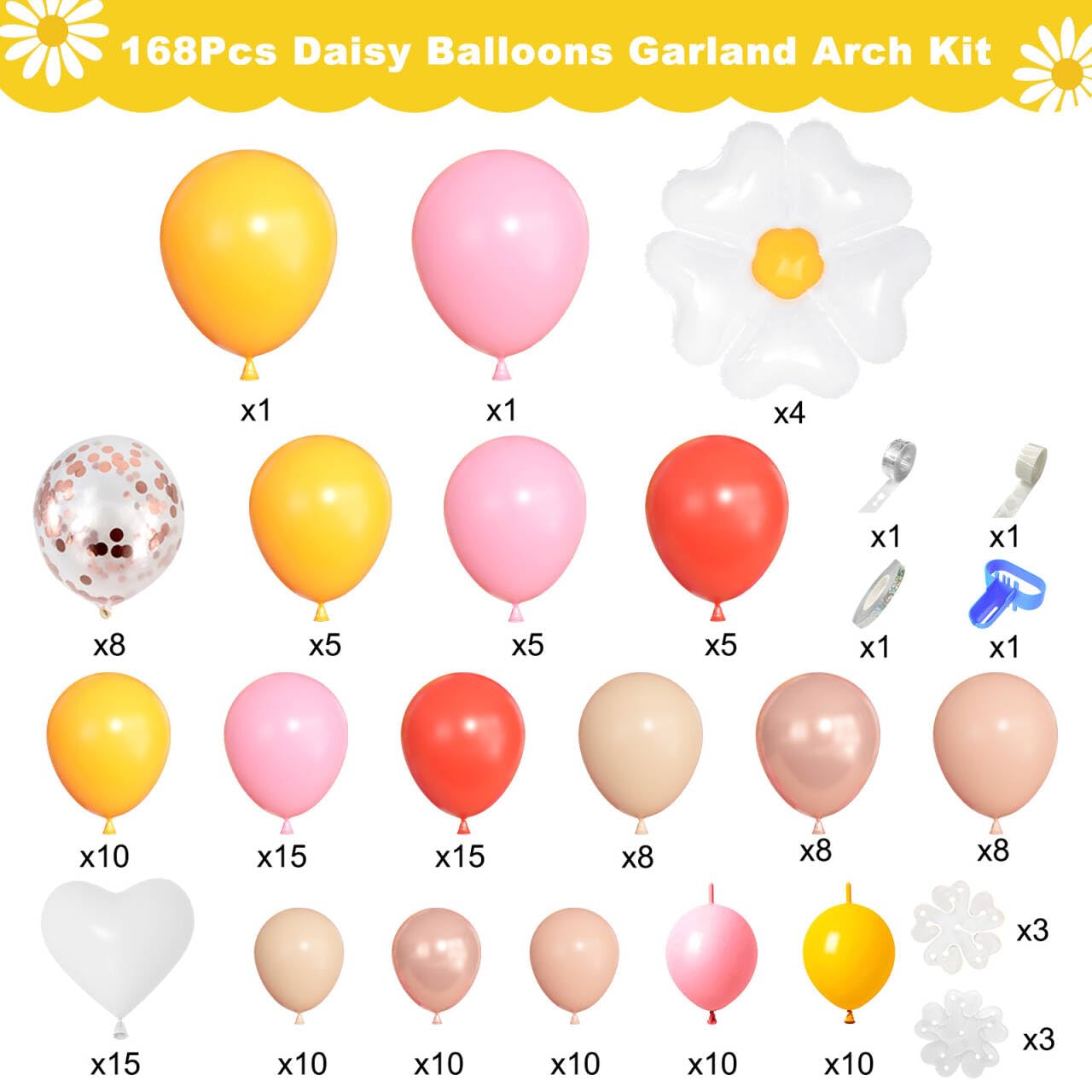 168Pcs Daisy Balloon Arch Garland Kit – Pastel Floral Balloons for Birthday, Baby Shower, Mother's Day & Groovy Parties