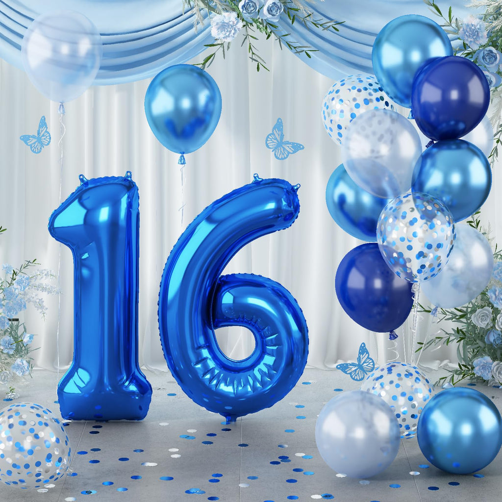 16th Birthday Balloon Set - Dark Blue Number 16 Foil Balloon with Silver Confetti & Latex Balloons for Party Decor