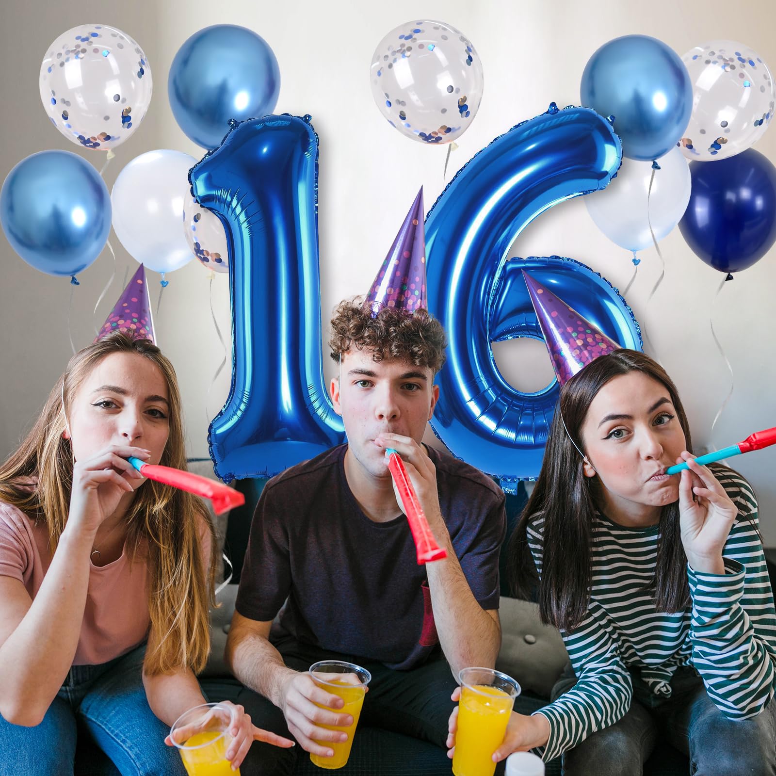 16th Birthday Balloon Set - Dark Blue Number 16 Foil Balloon with Silver Confetti & Latex Balloons for Party Decor