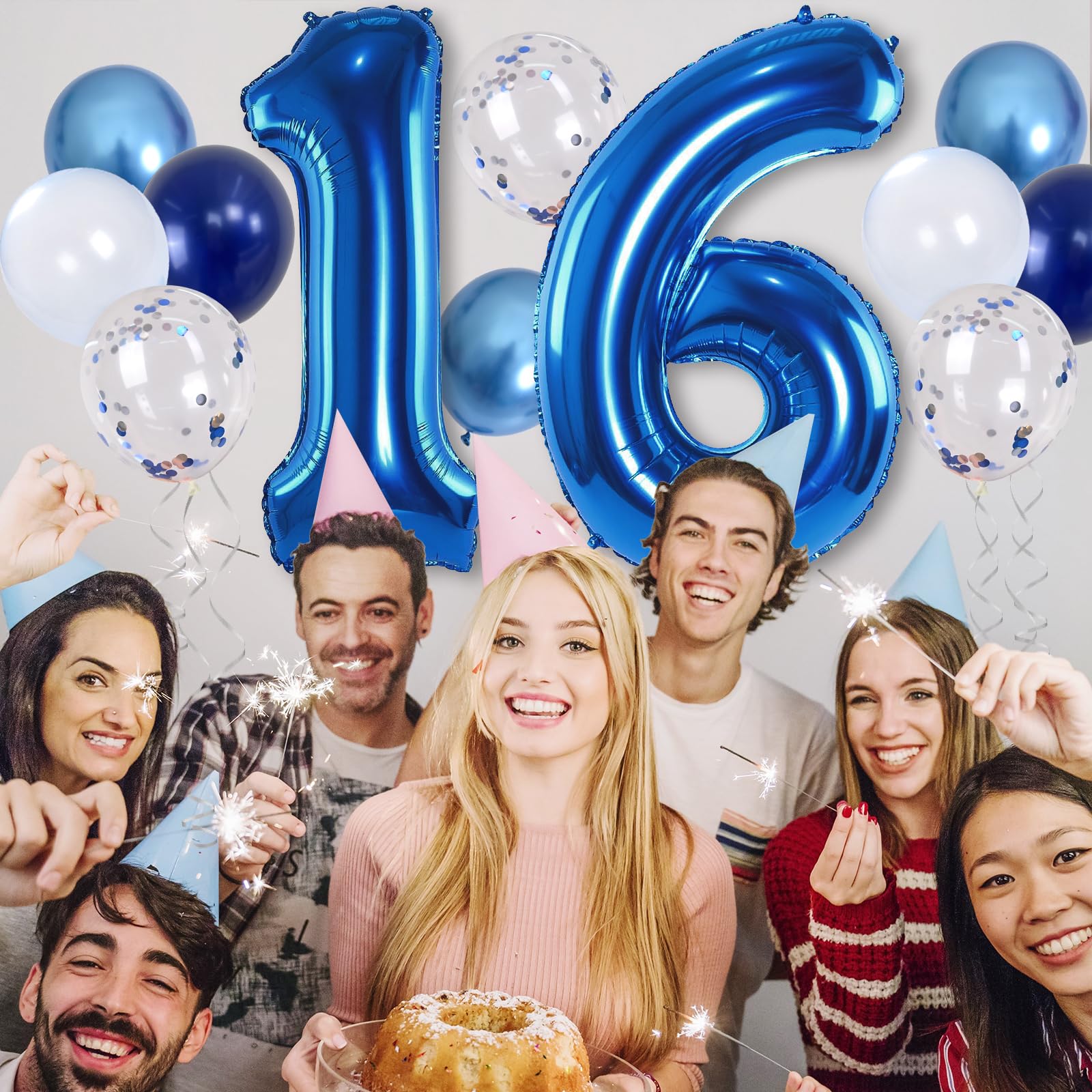 16th Birthday Balloon Set - Dark Blue Number 16 Foil Balloon with Silver Confetti & Latex Balloons for Party Decor