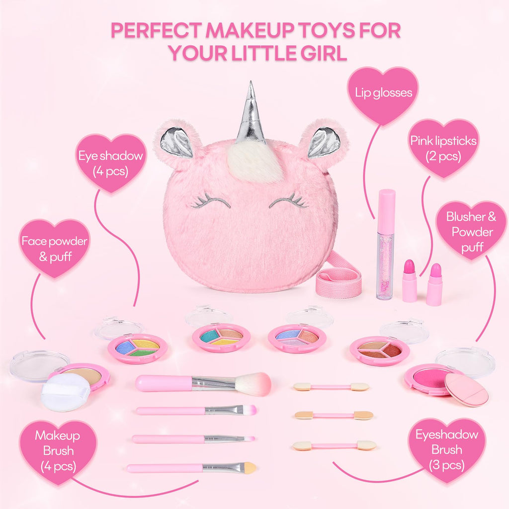 17-Piece Washable Makeup Kit for Kids 3-10 | Non-Toxic Unicorn Crossbody Bag Set