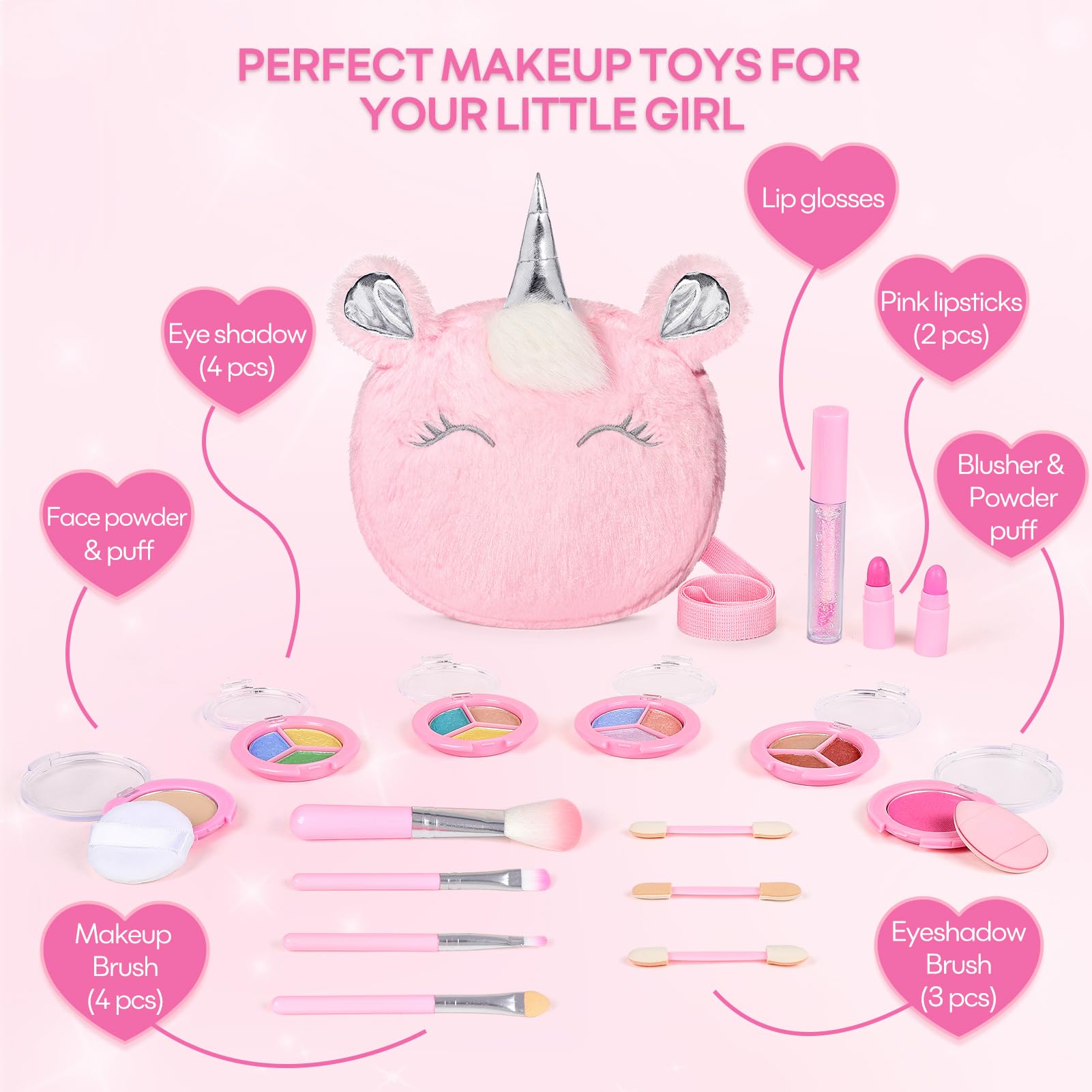 17-Piece Washable Makeup Kit for Kids 3-10 | Non-Toxic Unicorn Crossbody Bag Set