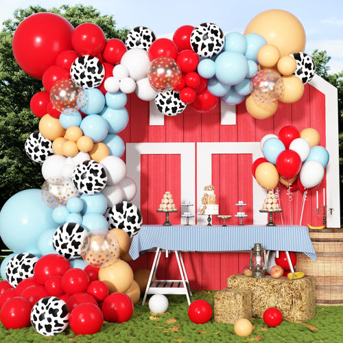 170-Piece Cowboy Western Balloon Arch Kit – Red & Blue Cow Print Balloons for Farm Animal Themed Baby Shower & Birthday Party Decor
