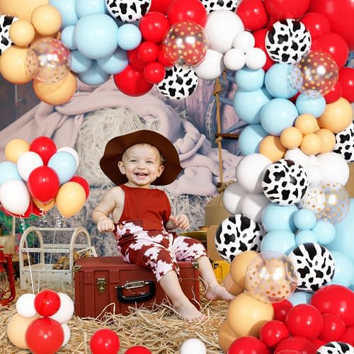 170-Piece Cowboy Western Balloon Arch Kit – Red & Blue Cow Print Balloons for Farm Animal Themed Baby Shower & Birthday Party Decor
