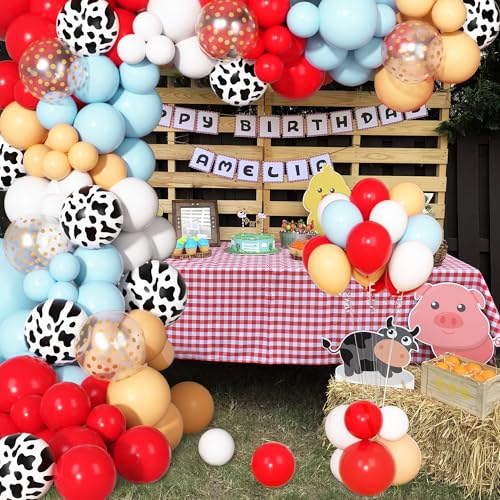 170-Piece Cowboy Western Balloon Arch Kit – Red & Blue Cow Print Balloons for Farm Animal Themed Baby Shower & Birthday Party Decor