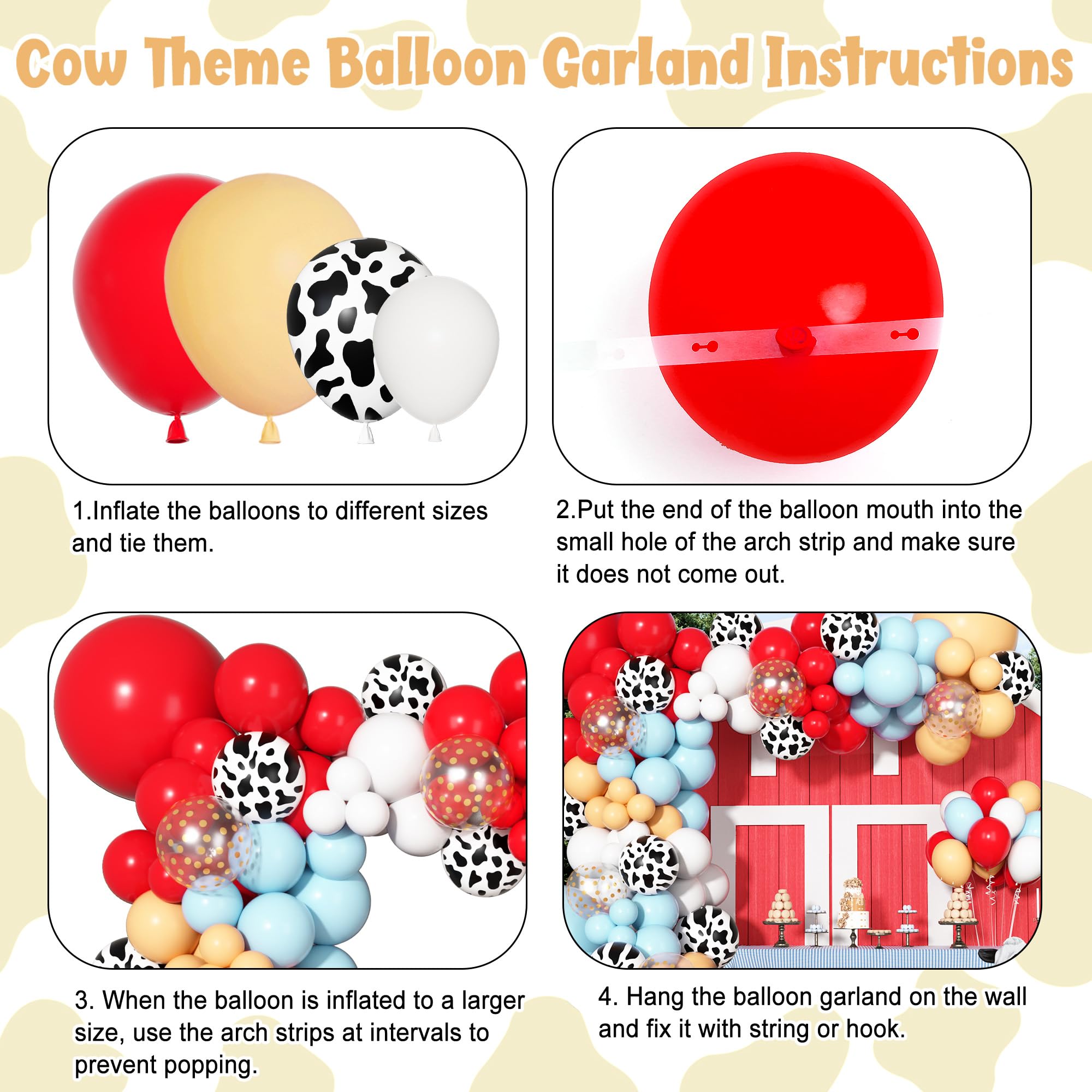 170-Piece Cowboy Western Balloon Arch Kit – Red & Blue Cow Print Balloons for Farm Animal Themed Baby Shower & Birthday Party Decor