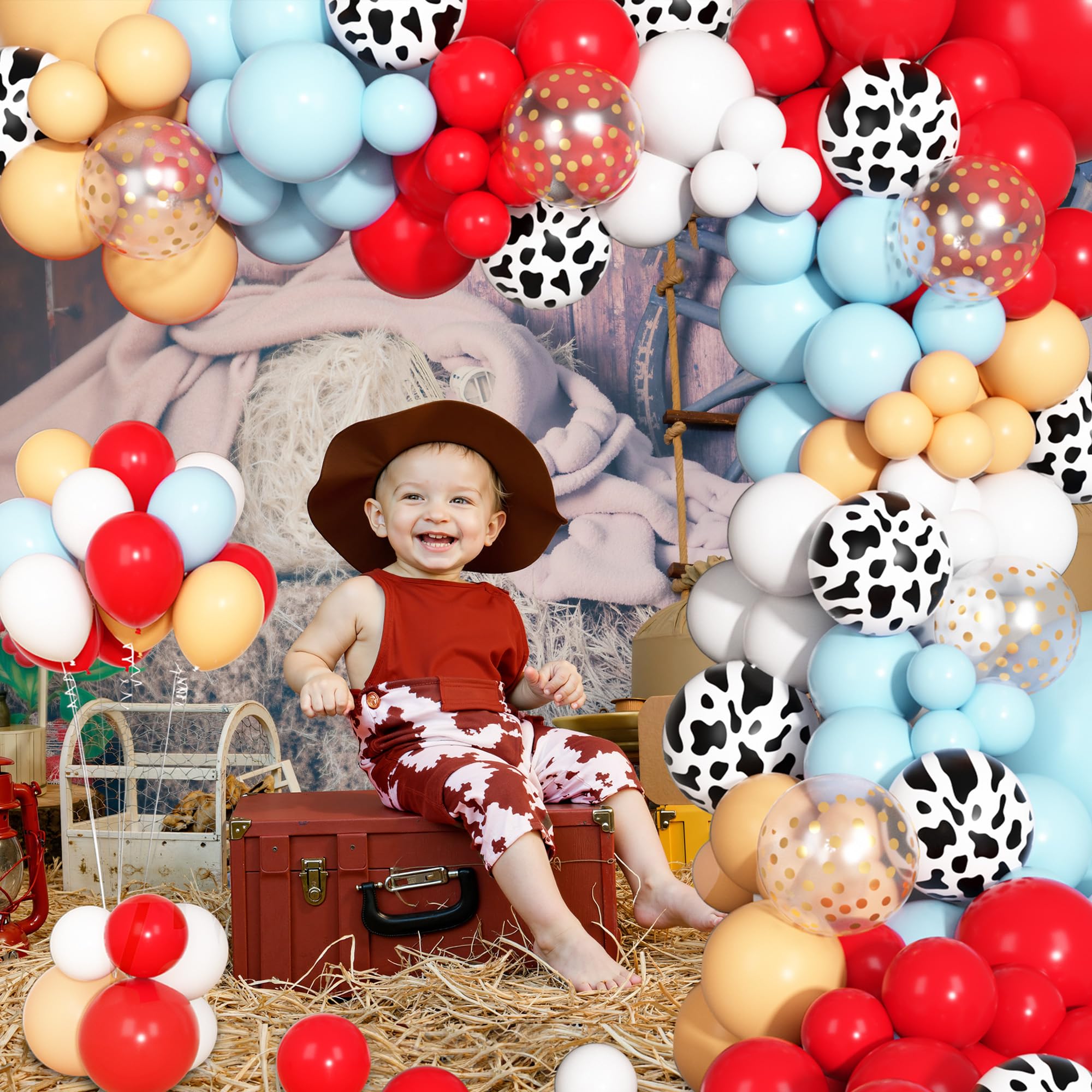 170-Piece Cowboy Western Balloon Arch Kit – Red & Blue Cow Print Balloons for Farm Animal Themed Baby Shower & Birthday Party Decor