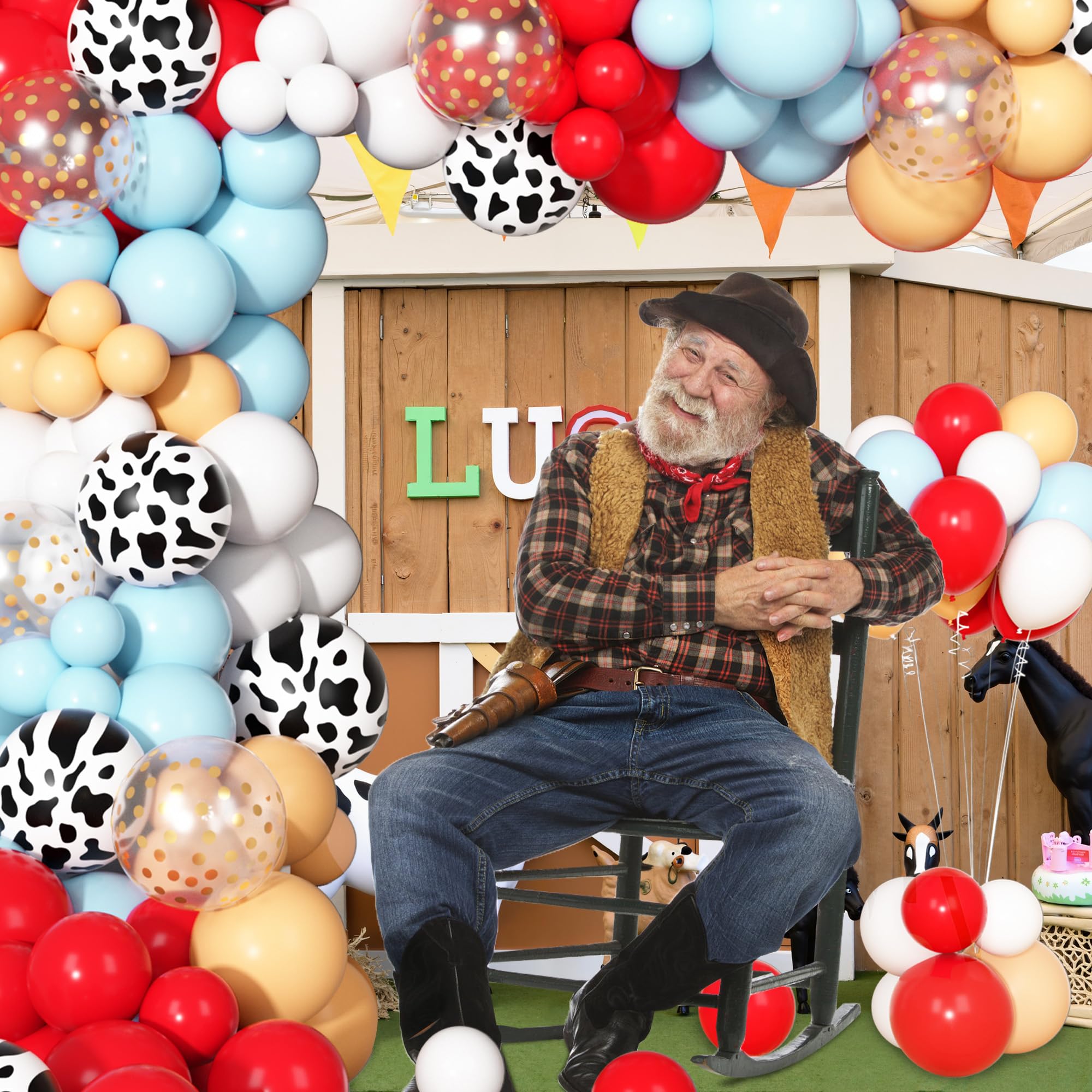 170-Piece Cowboy Western Balloon Arch Kit – Red & Blue Cow Print Balloons for Farm Animal Themed Baby Shower & Birthday Party Decor
