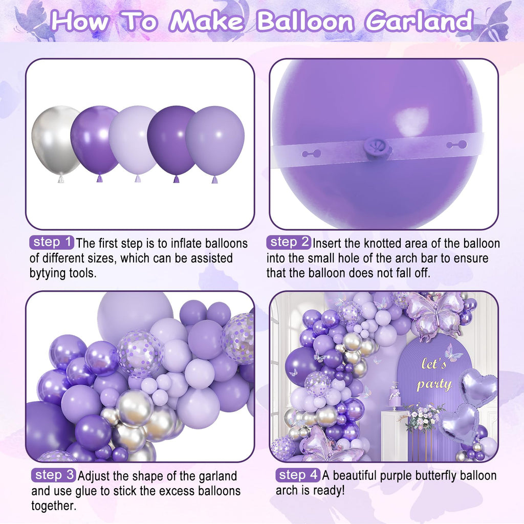 171-Piece Purple Butterfly Balloon Arch Kit with Foil Balloons and Garland Decorations for Birthday, Baby Shower, and Mother's Day Parties