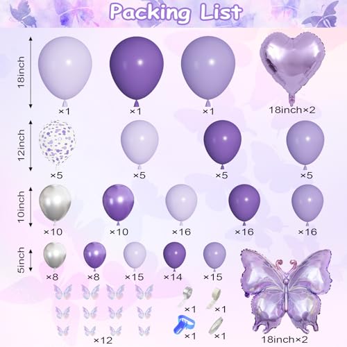 171-Piece Purple Butterfly Balloon Arch Kit with Foil Balloons and Garland Decorations for Birthday, Baby Shower, and Mother's Day Parties