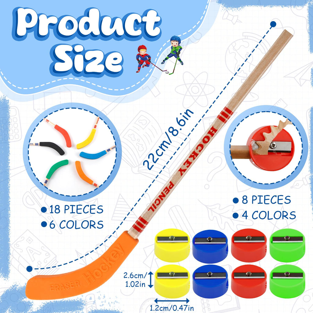 18 Hockey Pencils with Erasers & 8 Sharpeners - 9-Inch Stick Design, Black, Fun for Sports Fans