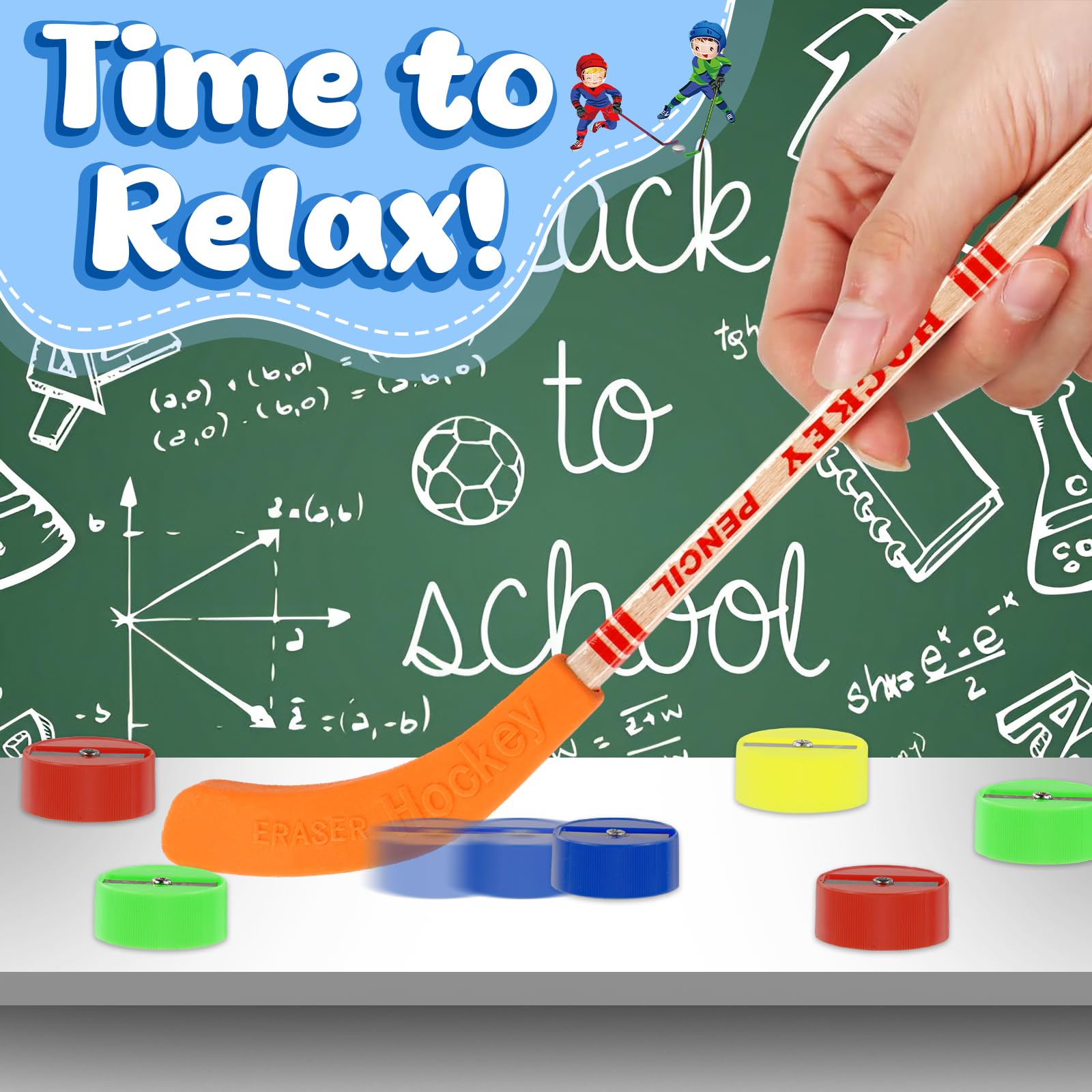 18 Hockey Pencils with Erasers & 8 Sharpeners - 9-Inch Stick Design, Black, Fun for Sports Fans