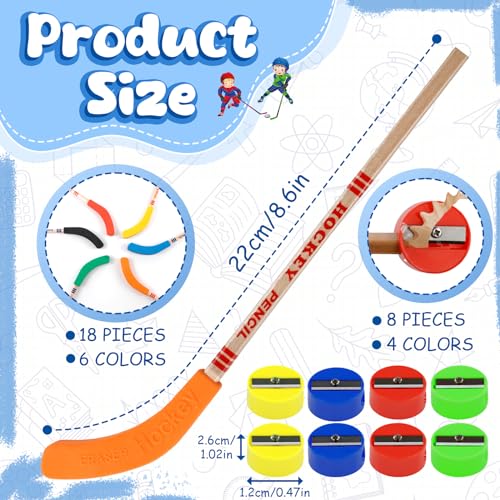 18 Hockey Pencils with Erasers & 8 Sharpeners - 9-Inch Stick Design, Black, Fun for Sports Fans