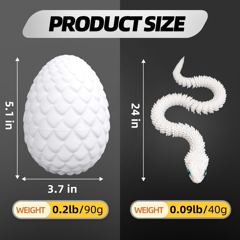 18-Inch 3D Printed Snake Fidget Toy with Dragon Egg – Stress Relief Desk Decor (White)