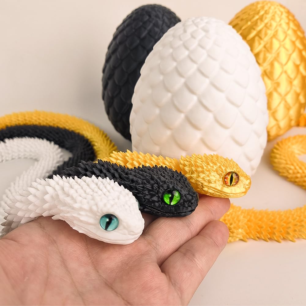 18-Inch 3D Printed Snake Fidget Toy with Dragon Egg – Stress Relief Desk Decor (White)