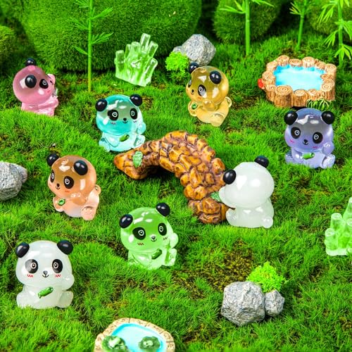 18 Luminous Mini Resin Panda Figurines with 2 Bamboo – Glow in the Dark Panda Set for Cake Toppers, Dollhouse, and DIY Crafts