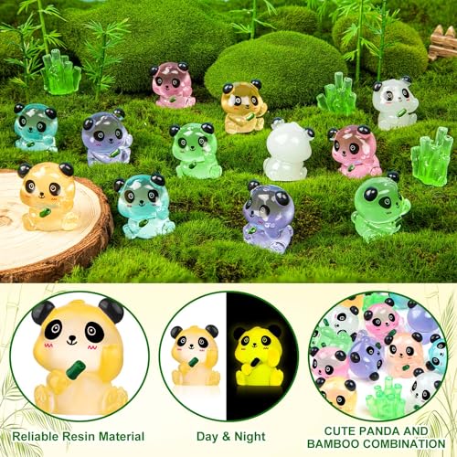 18 Luminous Mini Resin Panda Figurines with 2 Bamboo – Glow in the Dark Panda Set for Cake Toppers, Dollhouse, and DIY Crafts