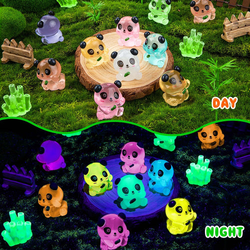 18 Luminous Mini Resin Panda Figurines with 2 Bamboo – Glow in the Dark Panda Set for Cake Toppers, Dollhouse, and DIY Crafts