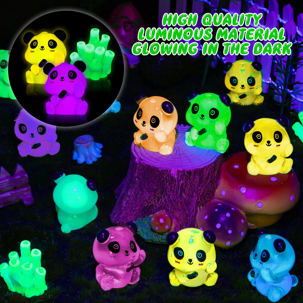 18 Luminous Mini Resin Panda Figurines with 2 Bamboo – Glow in the Dark Panda Set for Cake Toppers, Dollhouse, and DIY Crafts