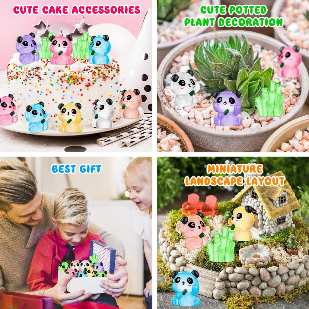 18 Luminous Mini Resin Panda Figurines with 2 Bamboo – Glow in the Dark Panda Set for Cake Toppers, Dollhouse, and DIY Crafts