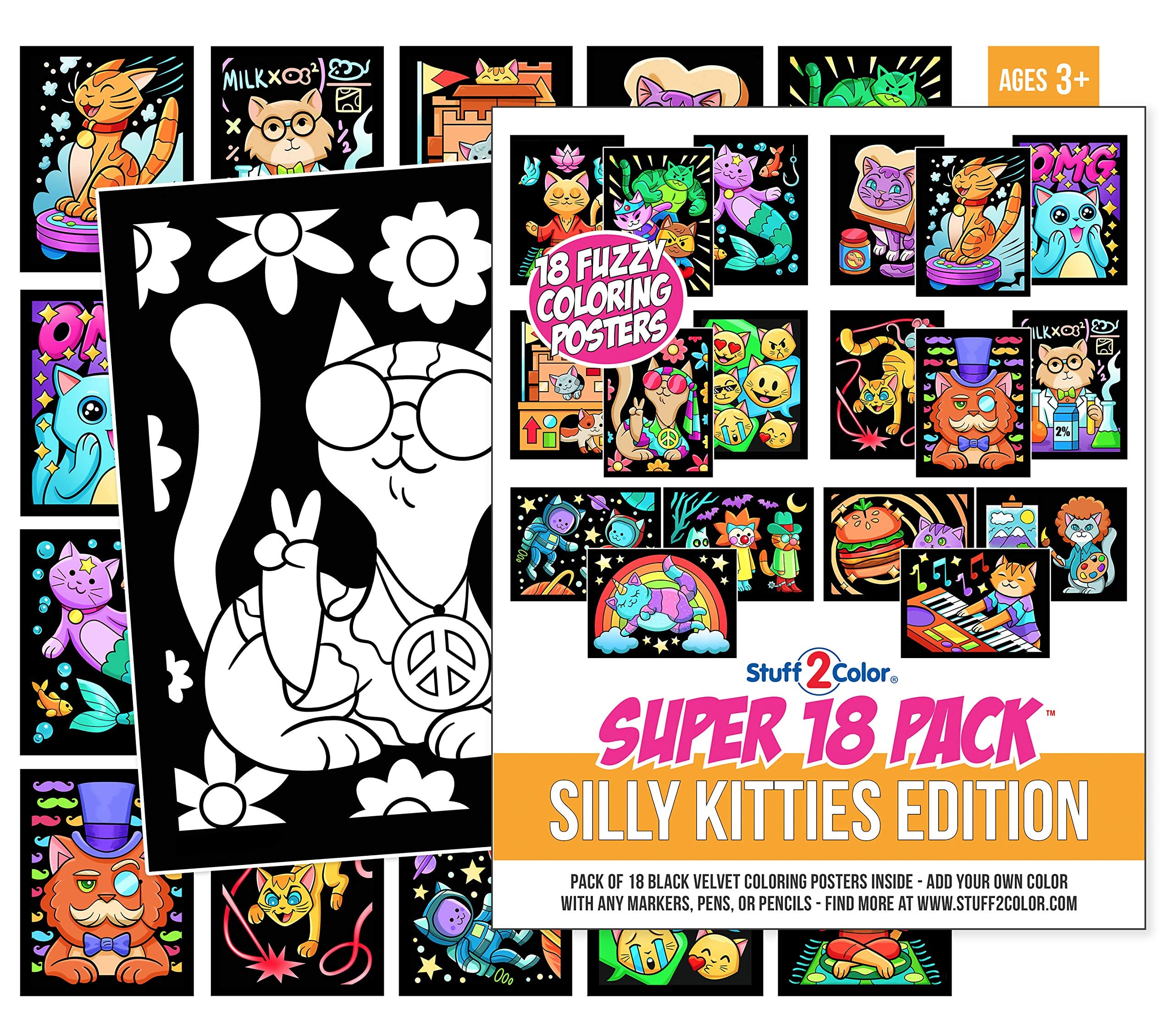 18 Silly Kitties Fuzzy Coloring Posters – No-Mess Velvet Crafts for All Ages (Stuff2Color)