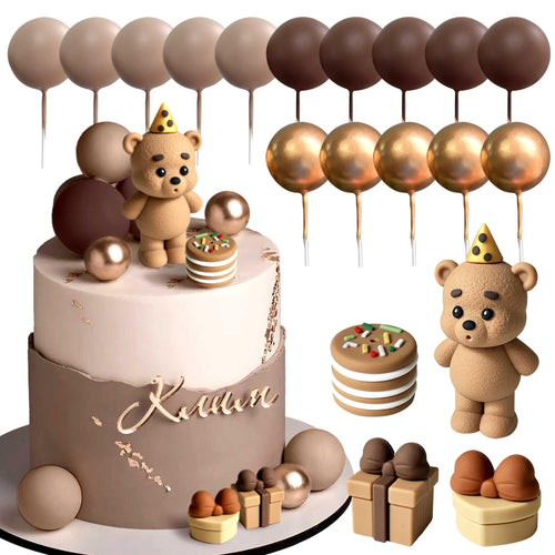19-Piece Brown Bear Baby Shower Cake Topper Set – Bear Cake Decorations with Gold and Brown Cake Balls