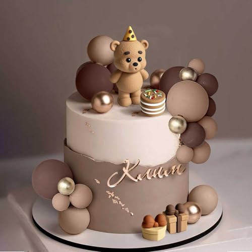 19-Piece Brown Bear Baby Shower Cake Topper Set – Bear Cake Decorations with Gold and Brown Cake Balls