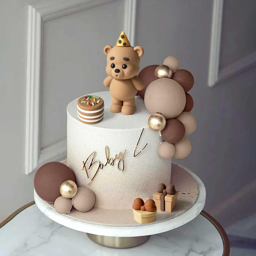 19-Piece Brown Bear Baby Shower Cake Topper Set – Bear Cake Decorations with Gold and Brown Cake Balls