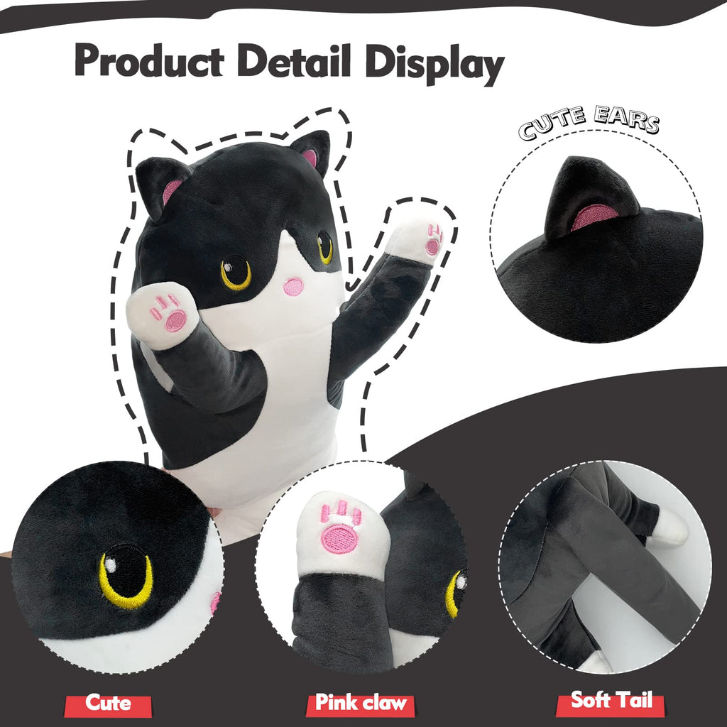 19.6in Long Cat Plush Pillow - Black Cat Plushie Stuffed Animal, Kawaii Body Pillow Gift